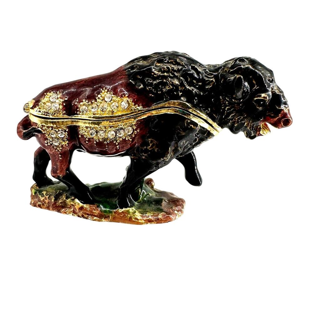 Jeweled Enamel Buffalo Bison Hinged Trinket Box Rhinestone Keepsake Brown Black